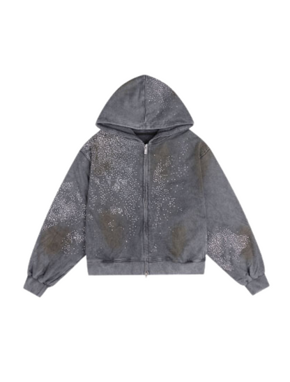 Mud-Dye Rhinestone Short Wide Hoodie