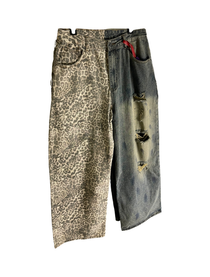 Leopard Splicing Distressed Wide-Leg Jeans