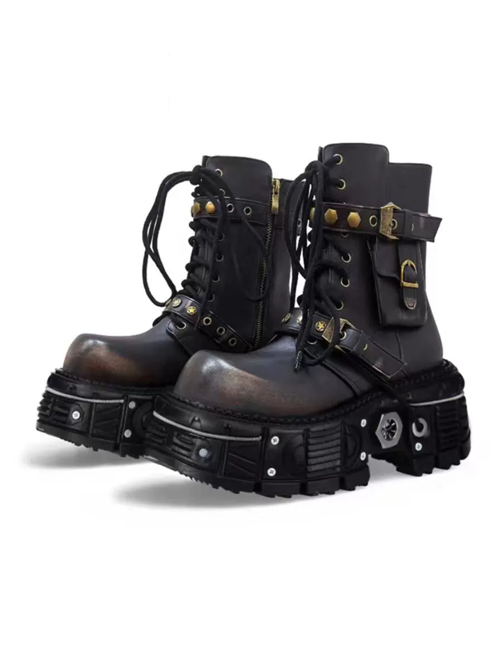 Brown Gothic Biker Boots Unisex