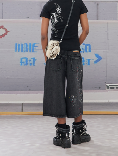 Distressed Rhinestone Cropped Denim Shorts