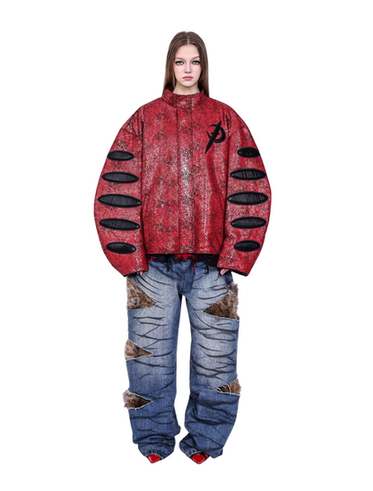 Red Black Cracked Leather Jacket