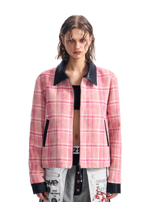 Ppink plaid reversible printed leather lapels cleanfit jacket