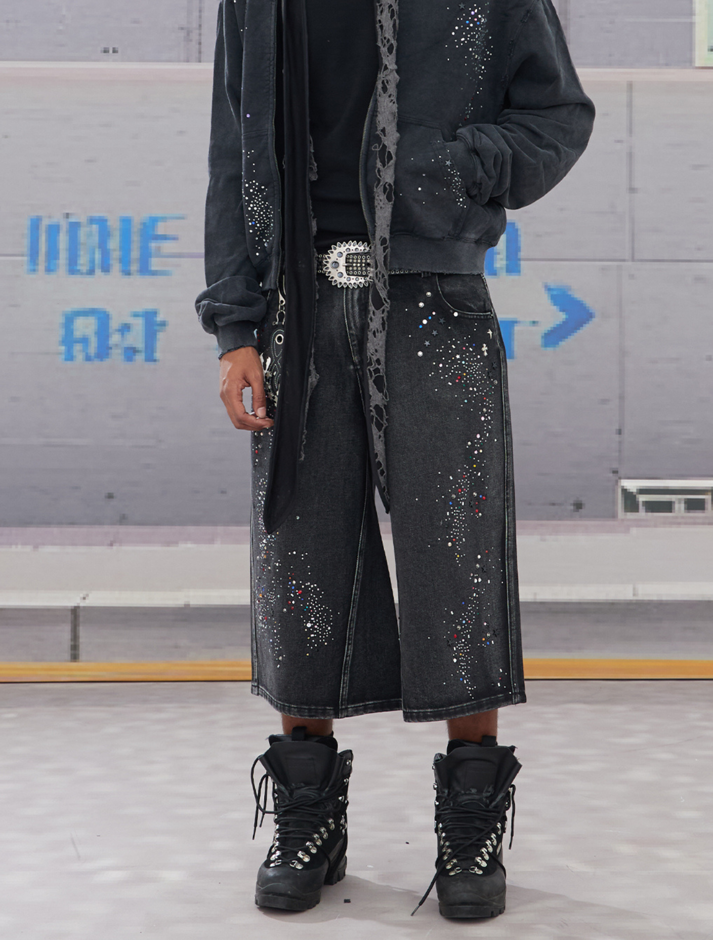 Distressed Rhinestone Cropped Denim Shorts