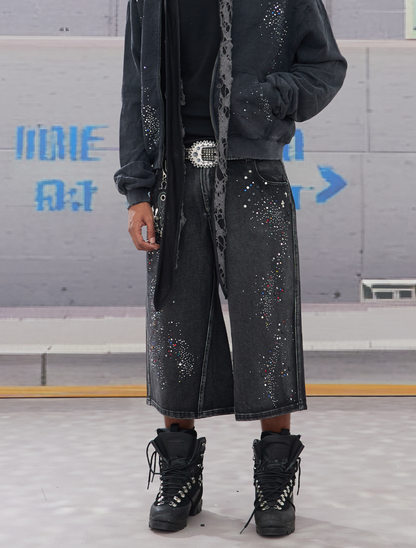 Distressed Rhinestone Cropped Denim Shorts