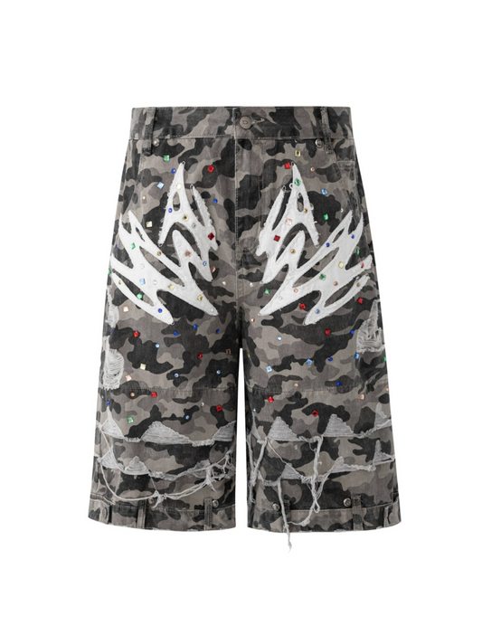 Camo Distressed Denim Shorts