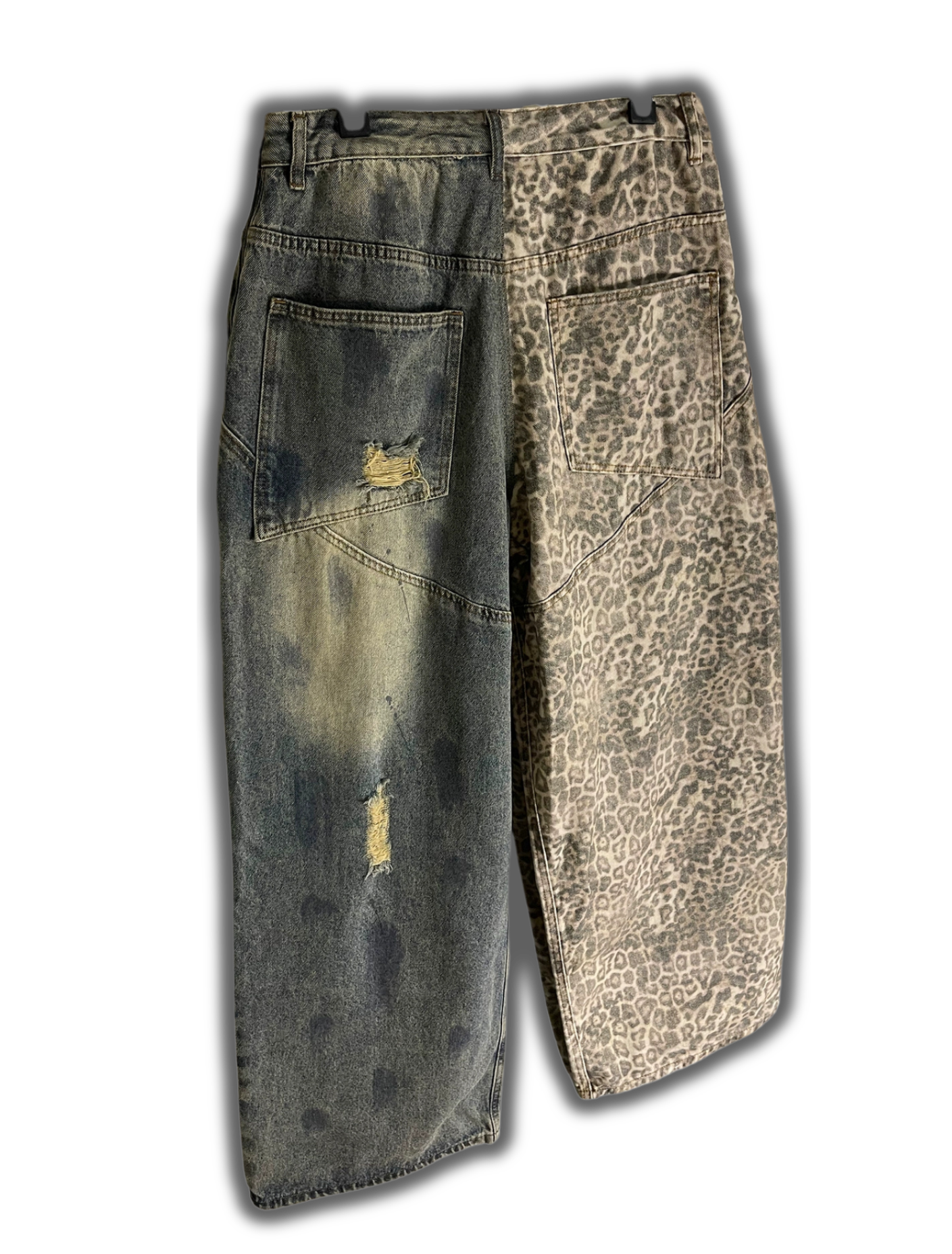 Leopard Splicing Distressed Wide-Leg Jeans