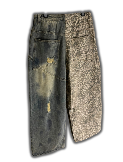 Leopard Splicing Distressed Wide-Leg Jeans