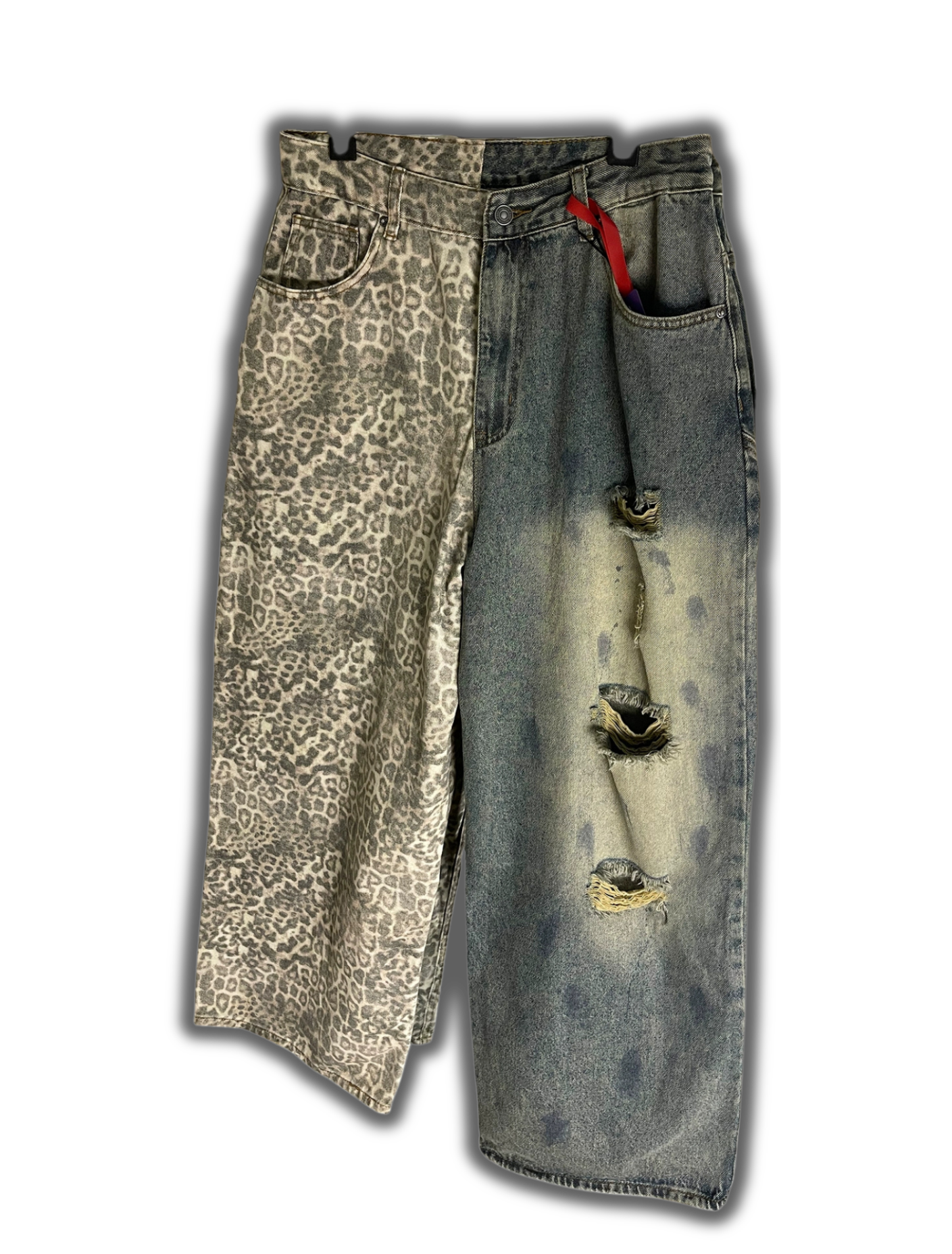 Leopard Splicing Distressed Wide-Leg Jeans