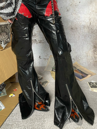 Flare PU Pants Metal Rivet Flame Leather Zipper Pocket