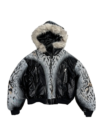 Short and Wide Hooded Split Leopard Print Thickened Jacket