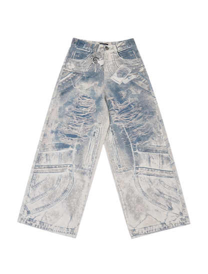 Vintage Printed Denim Pants