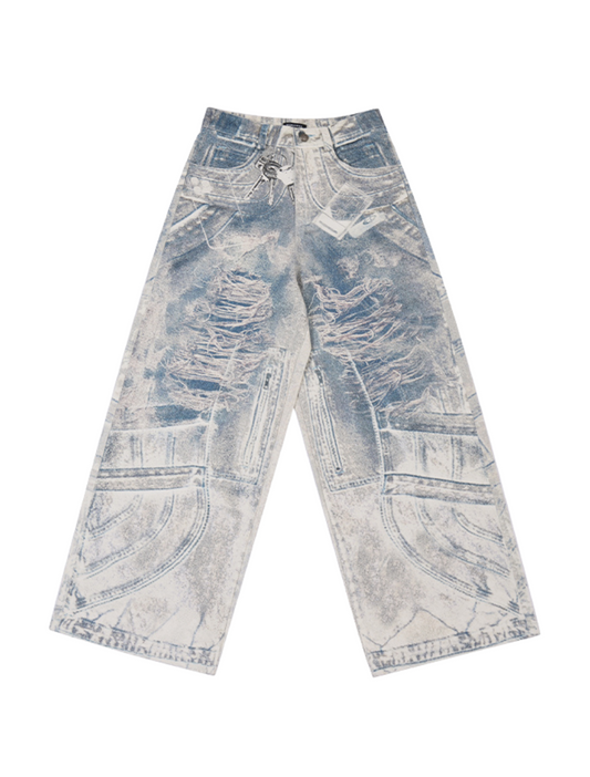 Vintage Printed Denim Pants