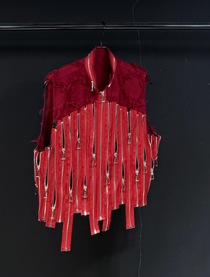 Trendy red zipper panel vest loose street vest