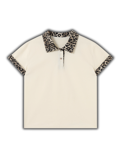 Leopard Splicing Cotton Polo Shirt
