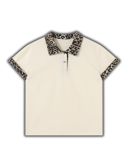Leopard Splicing Cotton Polo Shirt