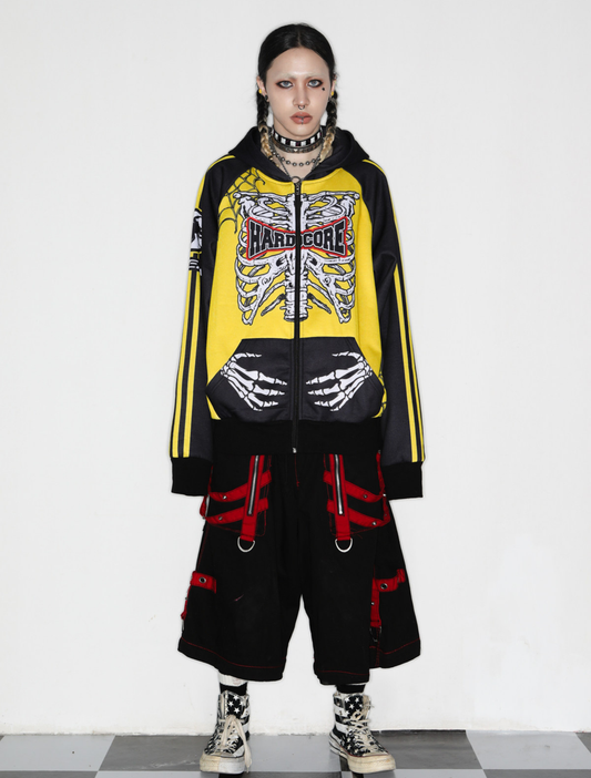 American Punk Yellow and Black Skull Skeleton Hooded Zipper Jacket