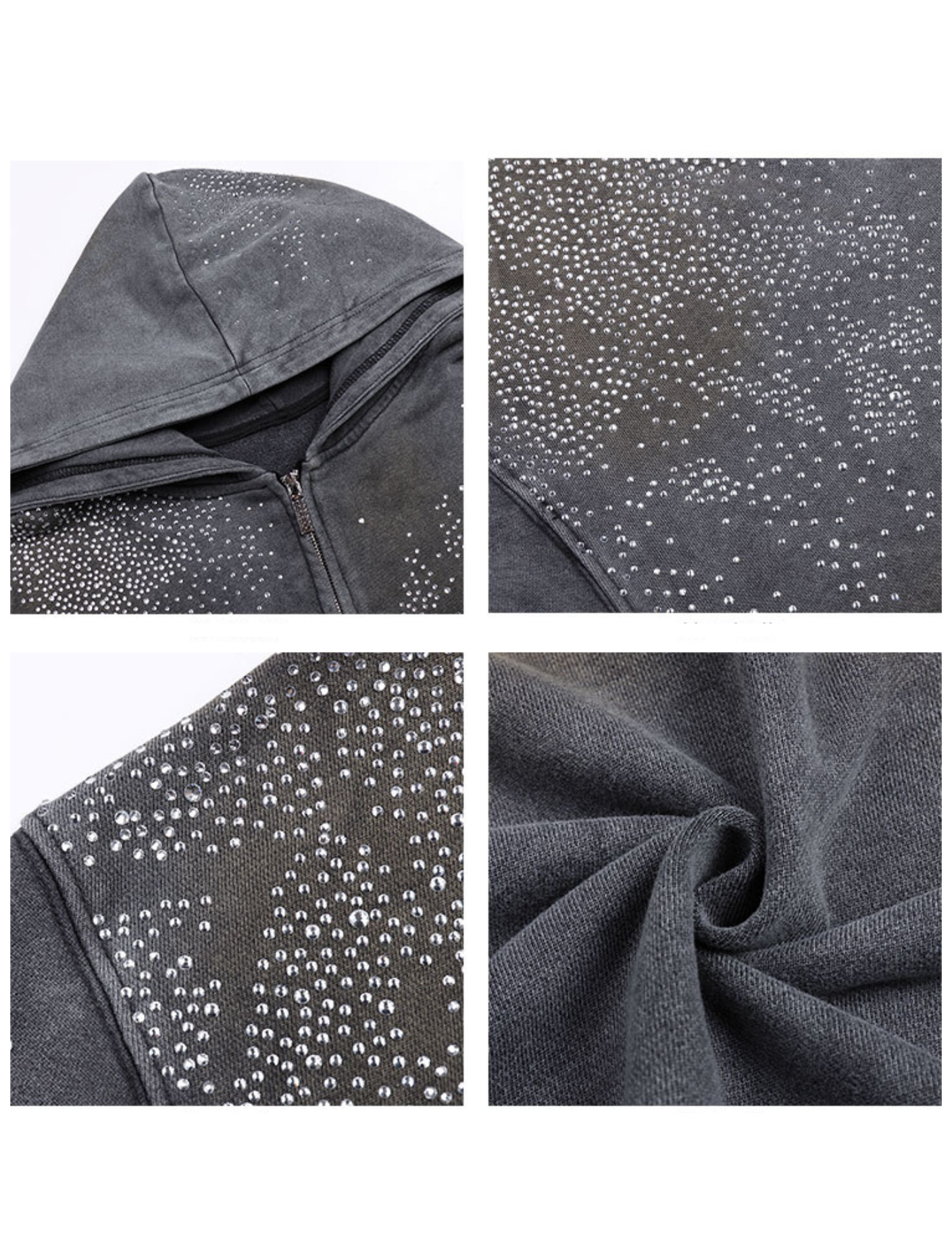 Mud-Dye Rhinestone Short Wide Hoodie