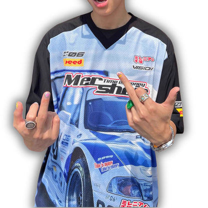 Racing Print V-Neck Mesh T-shirt