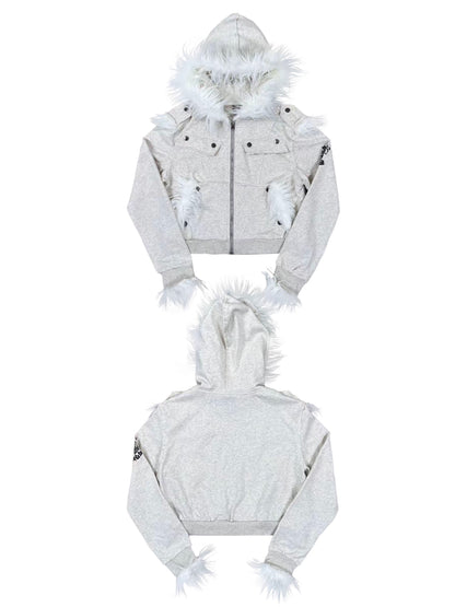 Ffur collar jacket new raw edge patchwork hooded