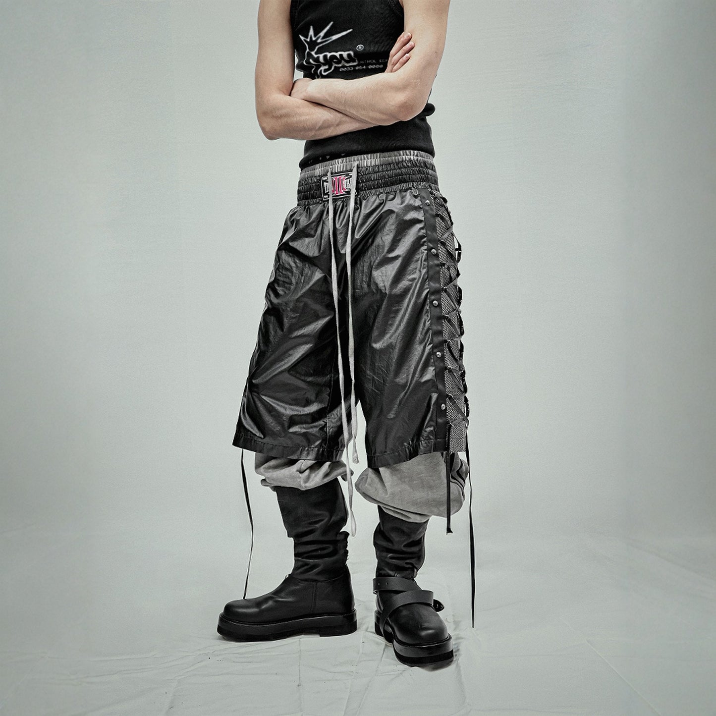 Boxing trousers glossy coated mesh cropped shorts