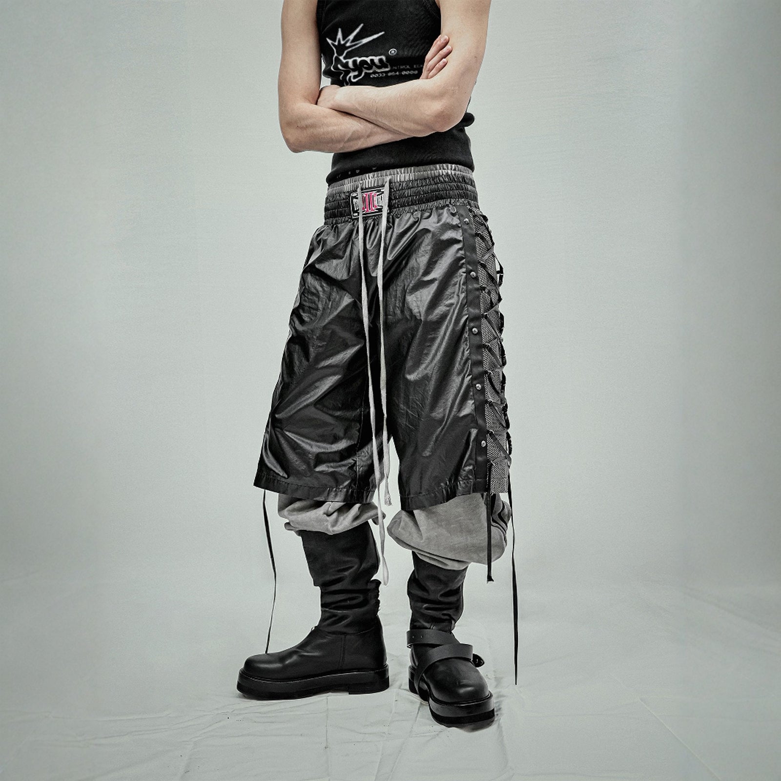 Boxing trousers glossy coated mesh cropped shorts