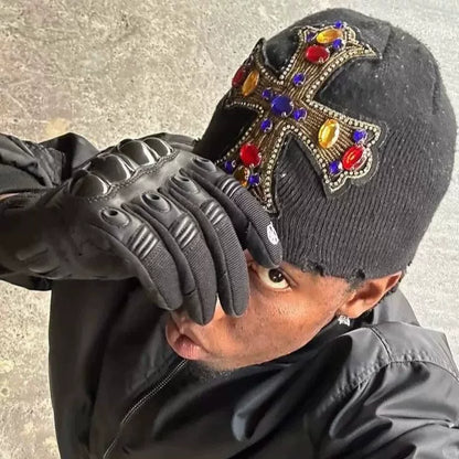 Autumn and winter street retro street gothic fashion heavy industry cross gemstone knitted hat woolen toe hat for men and women