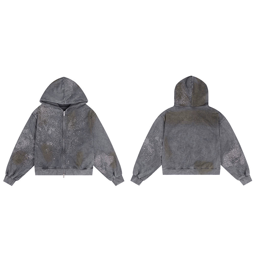 Mud-Dye Rhinestone Short Wide Hoodie