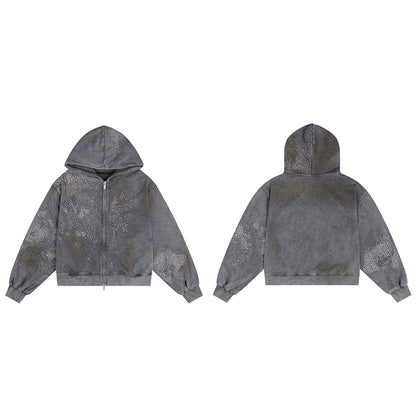 Mud-Dye Rhinestone Short Wide Hoodie