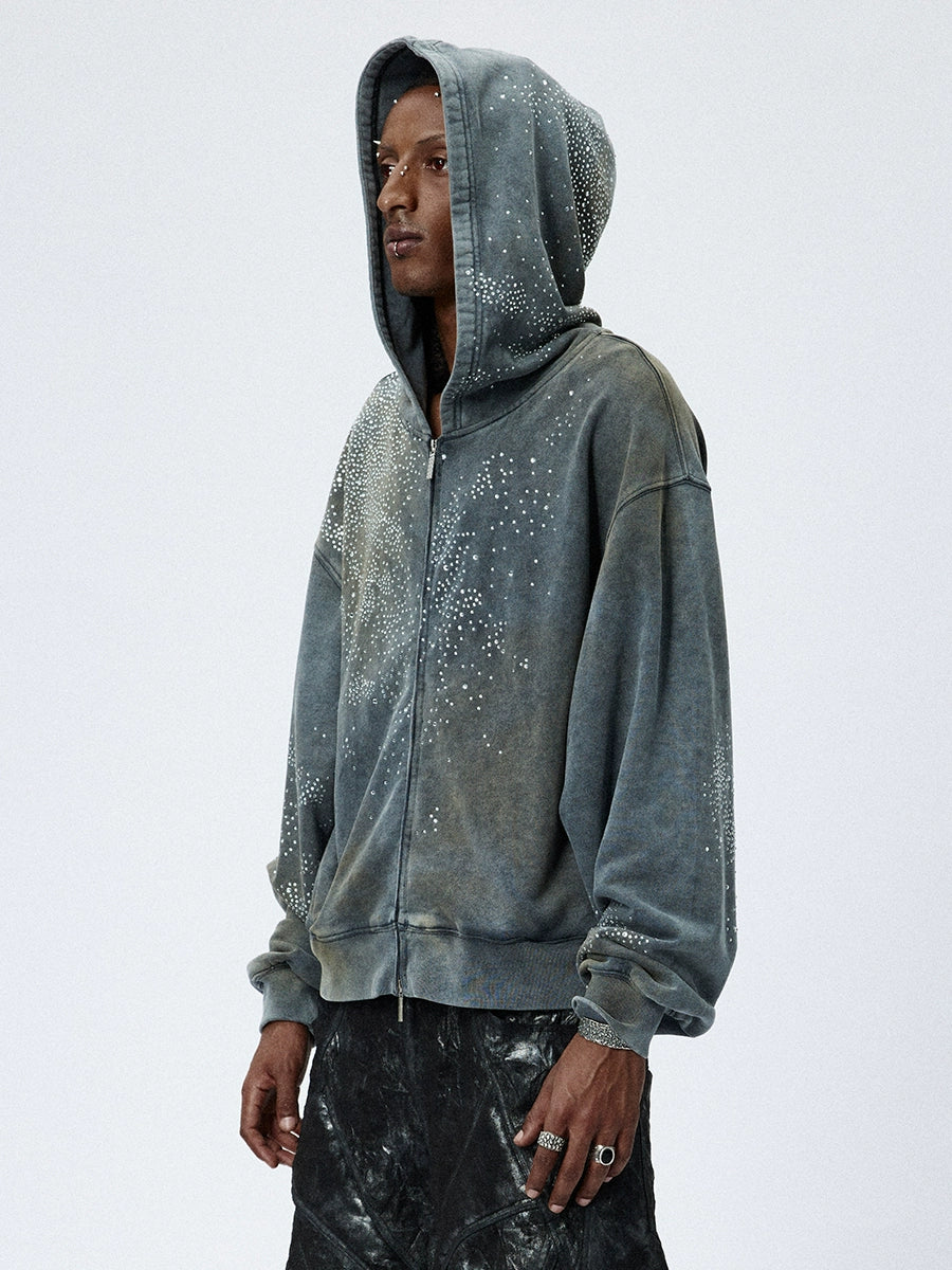 Mud-Dye Rhinestone Short Wide Hoodie