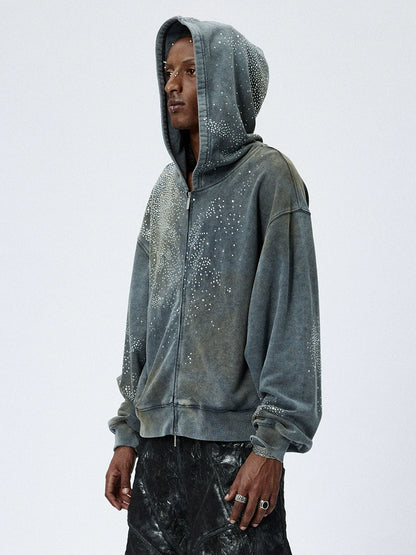 Mud-Dye Rhinestone Short Wide Hoodie