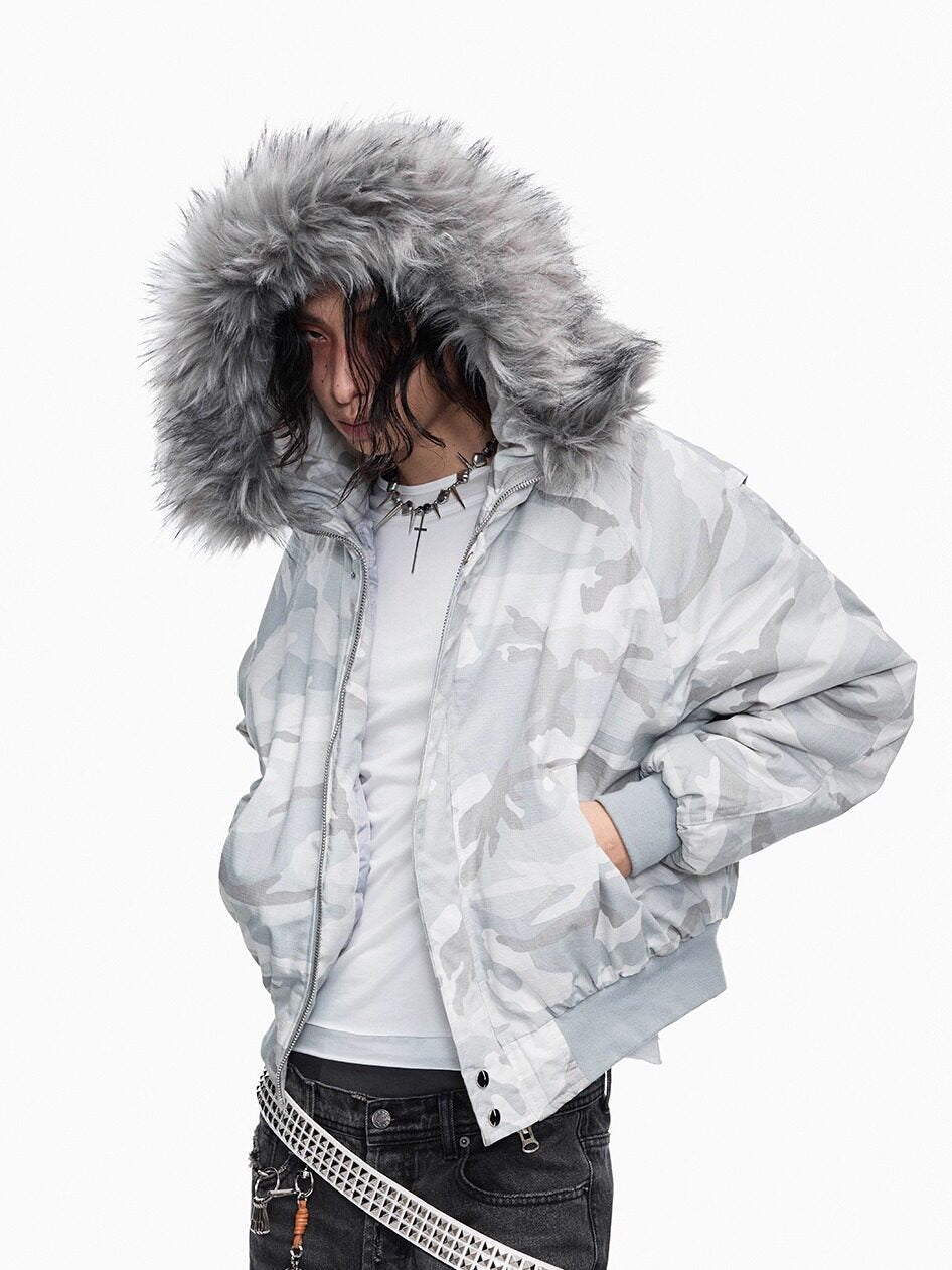 Rabbit fur collar padded jacket distressed faded short