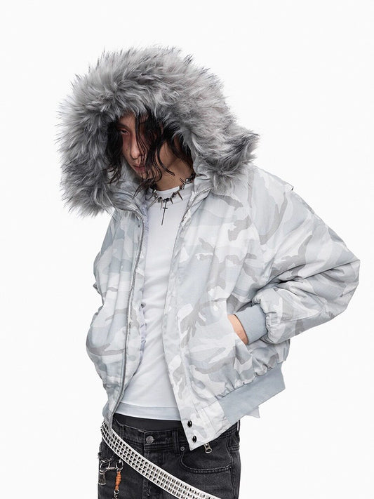 Rabbit fur collar padded jacket distressed faded short