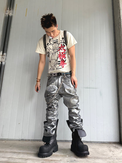 Silver Coated Frayed Bootcut Jeans