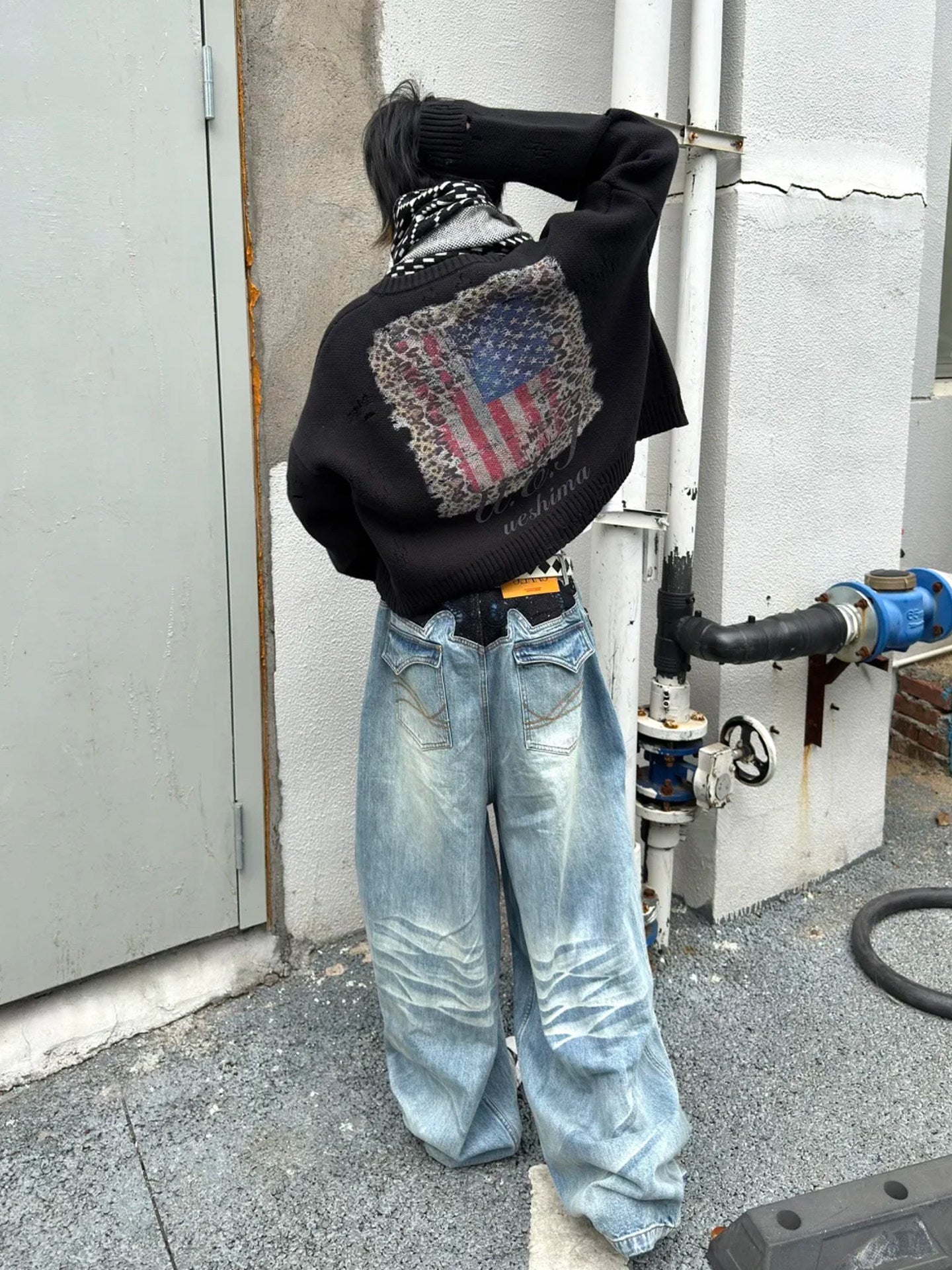 Leopard print navy blue flag cardigan sweater knit jacket