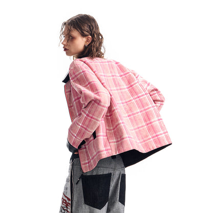 Ppink plaid reversible printed leather lapels cleanfit jacket