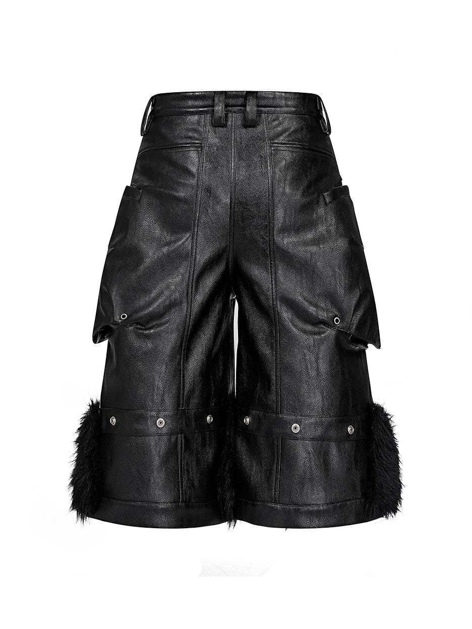 Oil Wax Fur Hem Leather Cropped Pants