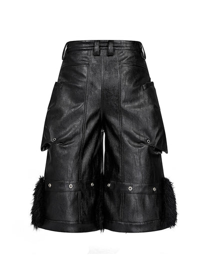 Oil Wax Fur Hem Leather Cropped Pants