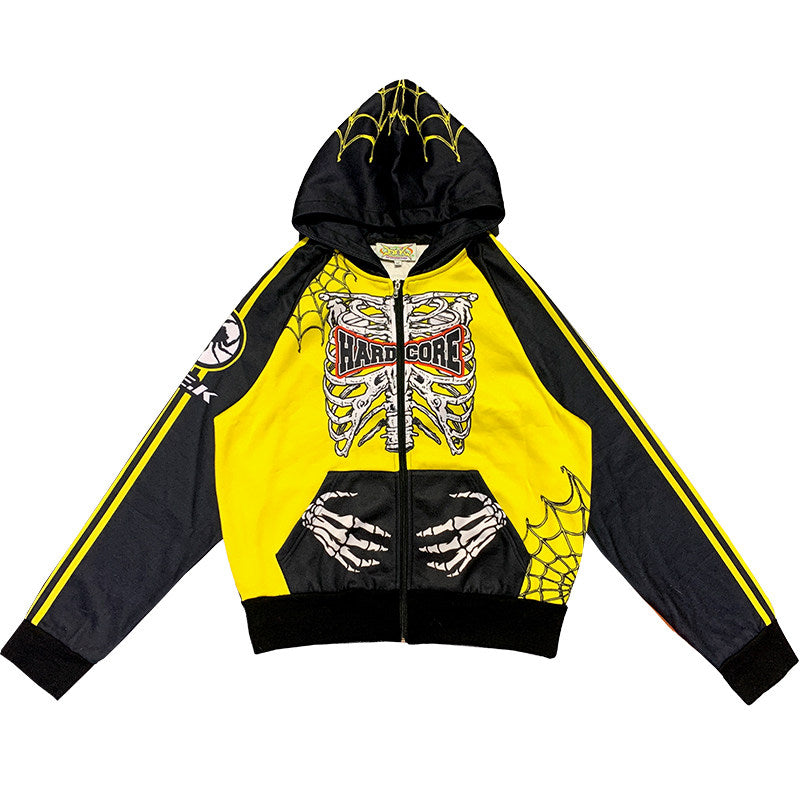 American Punk Yellow and Black Skull Skeleton Hooded Zipper Jacket