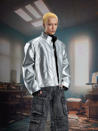 High-end structure splicing, stand-up collar, loose zipper, leather jacket