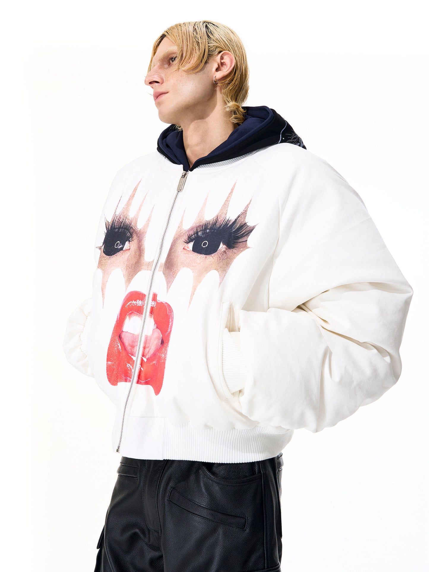 Red lip fun print thickened fleece baseball jersey jacket