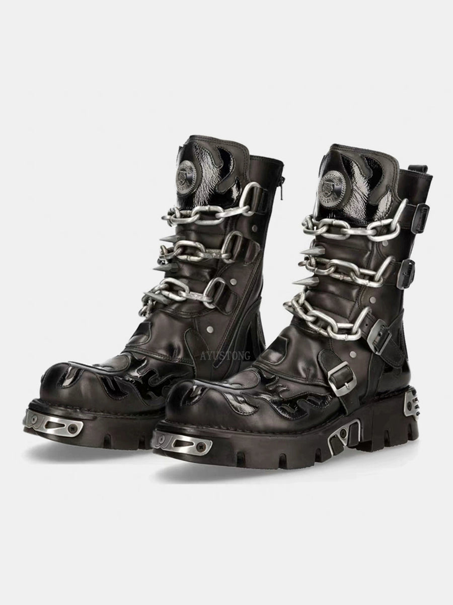 Metal Chain Punk Biker Boots (Black)