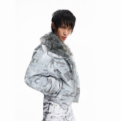 Camouflage imitation wolf fur lapel embroidered padded jacket