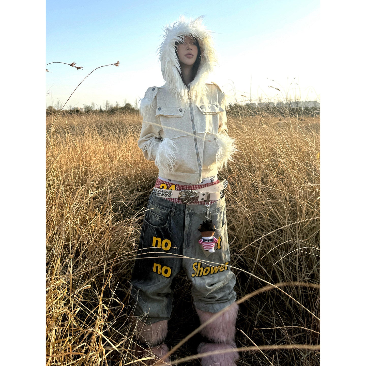 Ffur collar jacket new raw edge patchwork hooded