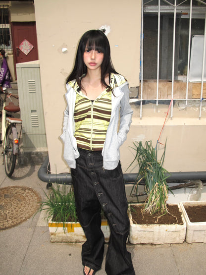 Star Embroidered Contrast Stripe Fake Two-Piece Zip Hoodie