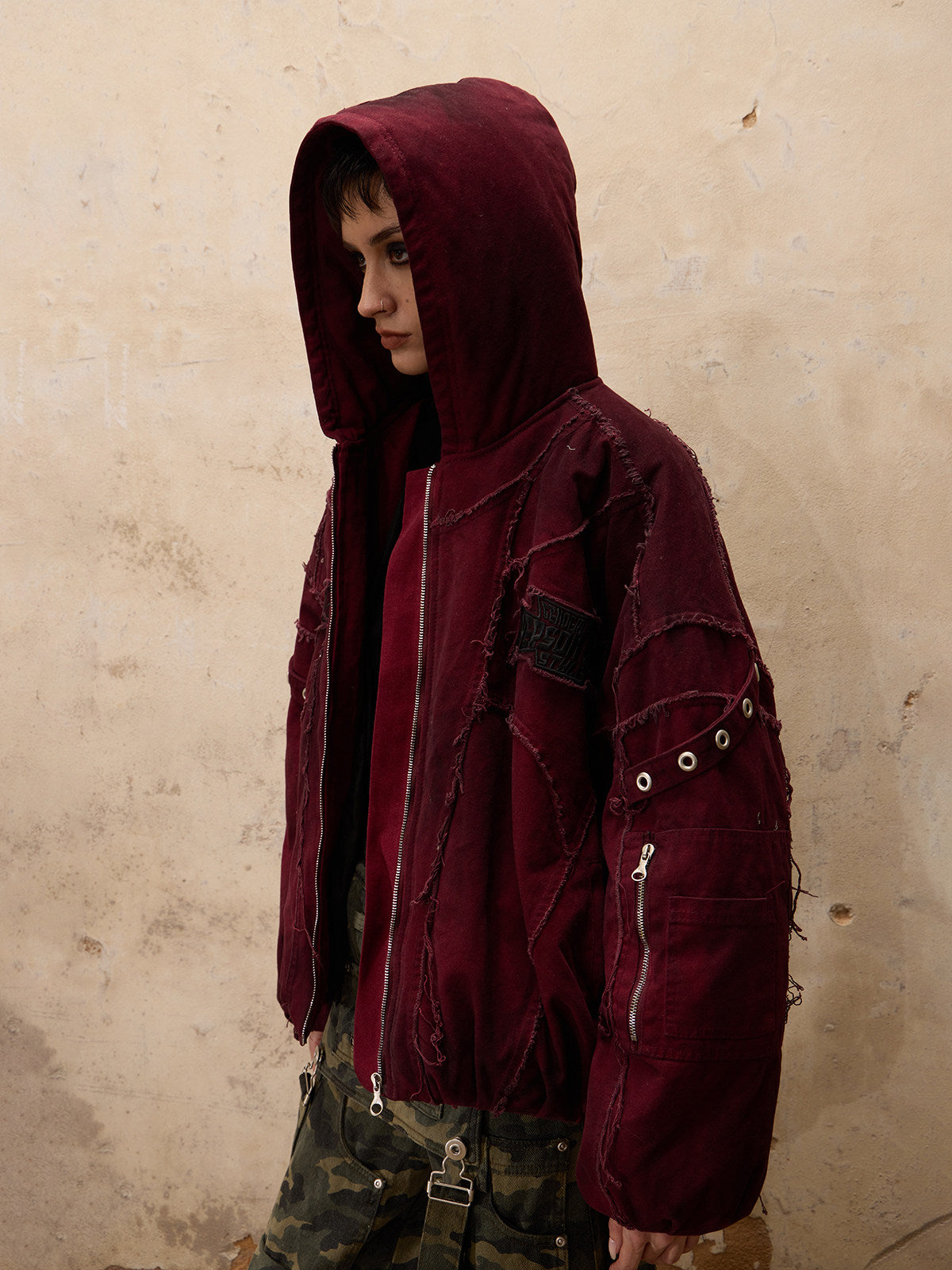 Hand-brushed hooded padded suit in red and white DirtyCoat