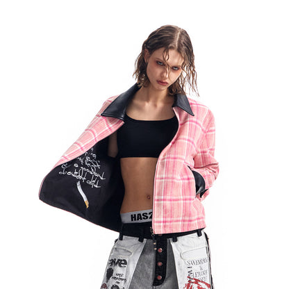 Ppink plaid reversible printed leather lapels cleanfit jacket