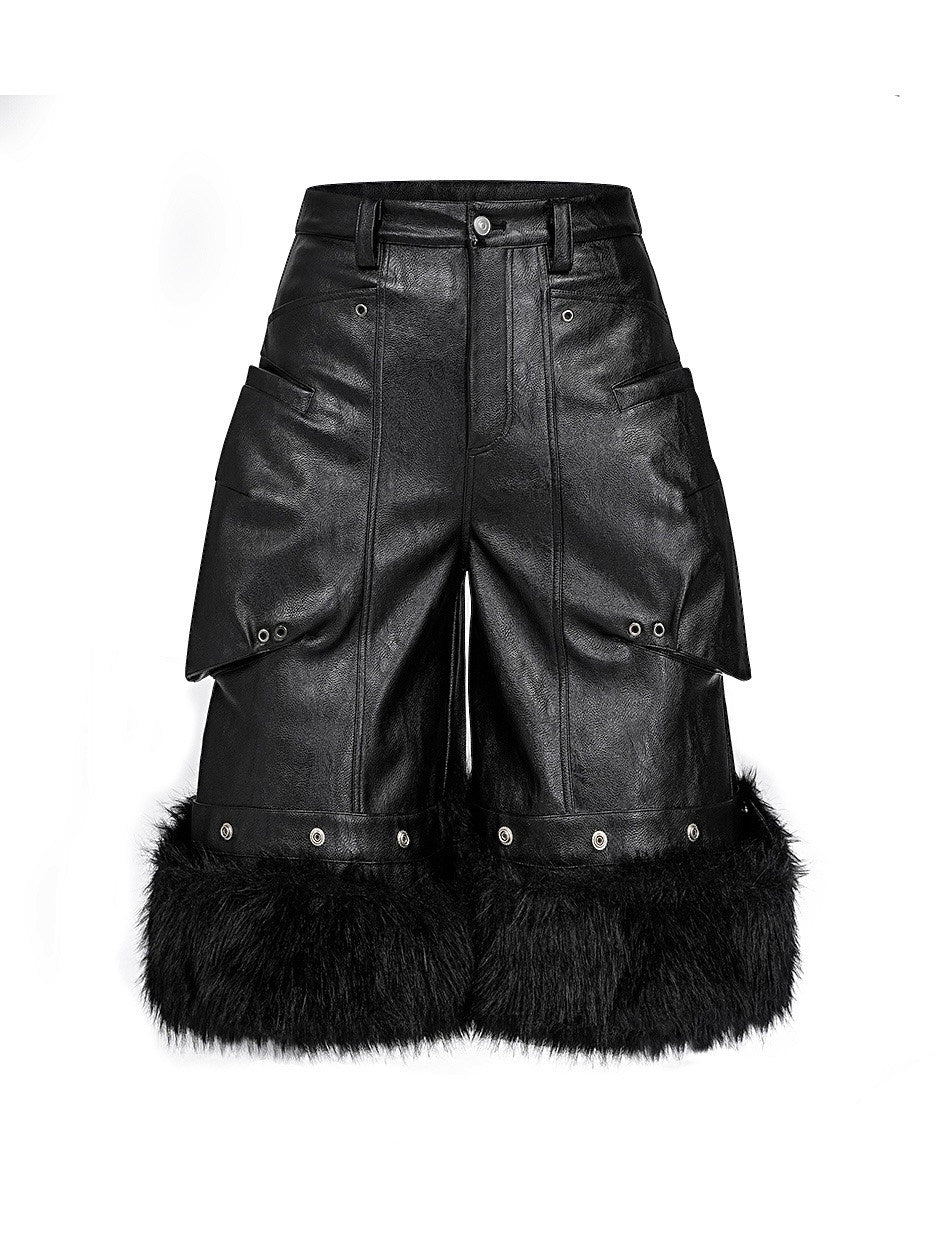 Oil Wax Fur Hem Leather Cropped Pants