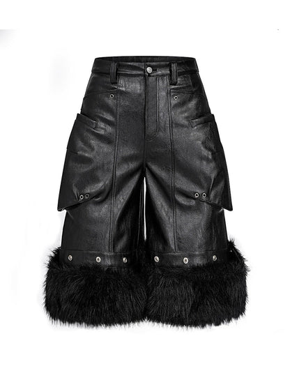 Oil Wax Fur Hem Leather Cropped Pants