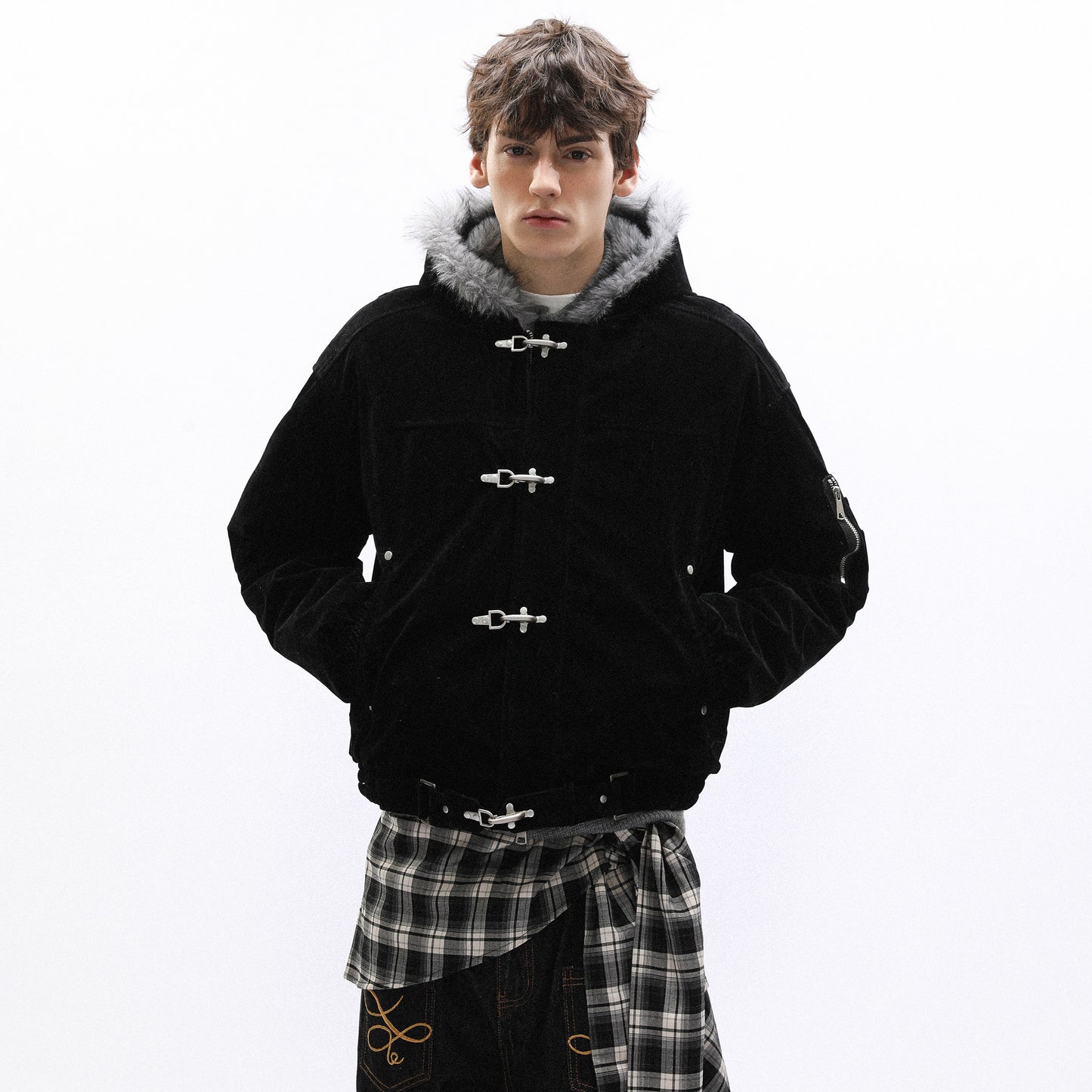 American design sense buckle ooded casual thick jacket