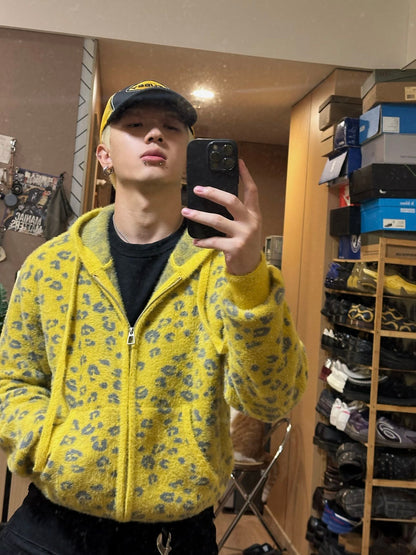 Leopard print jacquard polka dot zipper hooded